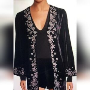 Alice+Olivia Tammera Black Velvet Caftan Embellished Rhinestones XS/S Cardigan